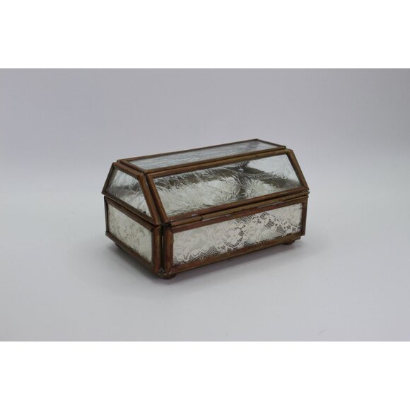 Via Vermont Vintage Glass & Brass Jewelry Box With Etched Floral Detail & Hinged - Picture 5 of 13